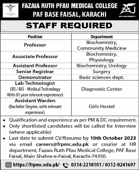Fazaia Ruth PFAU Medical College Karachi Jobs October 2023 Teaching Faculty, Lab Technologies & Others Latest