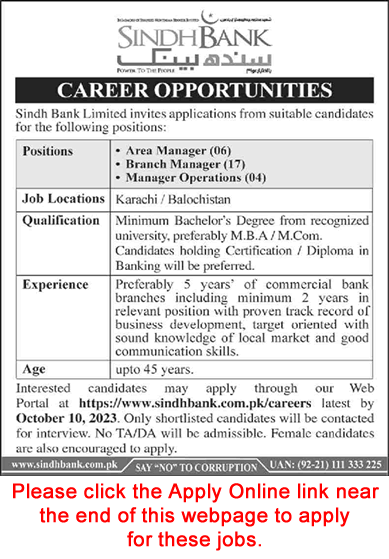 Sindh Bank Jobs October 2023 Online Apply Branch Managers & Others Latest