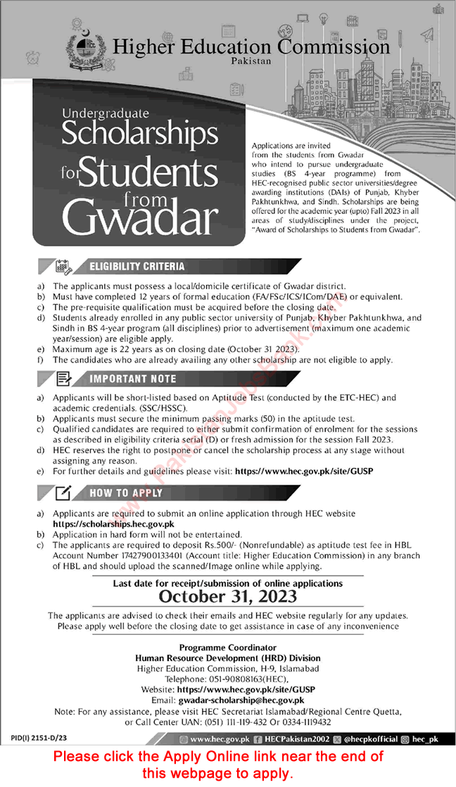 HEC Scholarships for Students of Gwadar 2023 October Online Apply 4 Years Bachelors Degree Program Latest
