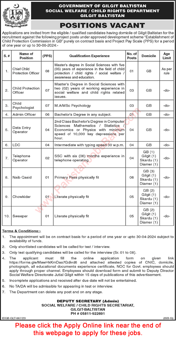 Social Welfare and Child Rights Department Gilgit Baltistan Jobs 2023 October OTS Apply Online Latest