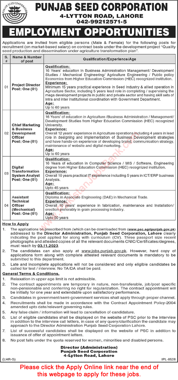 Punjab Seed Corporation Lahore Jobs 2023 October Online Application Form Assistant Technical Officer & Others Latest