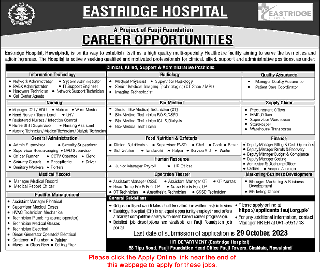 Eastridge Hospital Rawalpindi Jobs October 2023 Apply Online Fauji Foundation Latest