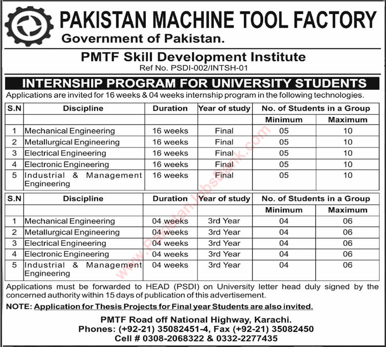 Pakistan Machine Tool Factory Internships 2023 Karachi PMTF Skill Development Institute PSDI Latest