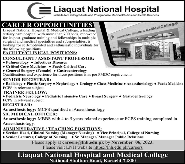Liaquat National Hospital Karachi Jobs October 2023 November Teaching Faculty & Others Latest