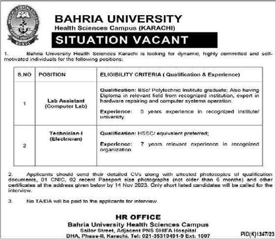 Bahria University Karachi Jobs November 2023 Lab Assistant & Electrician at Health Sciences Campus Latest