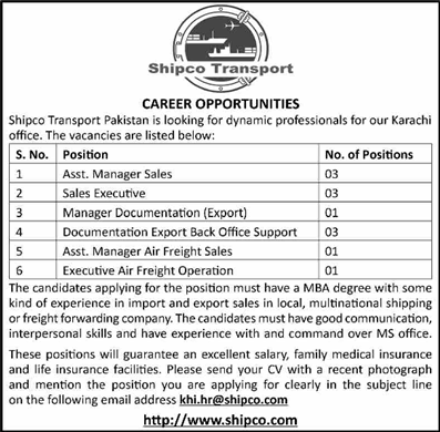 Shipco Transport Karachi Jobs 2023 November Sales Executives & Others Latest