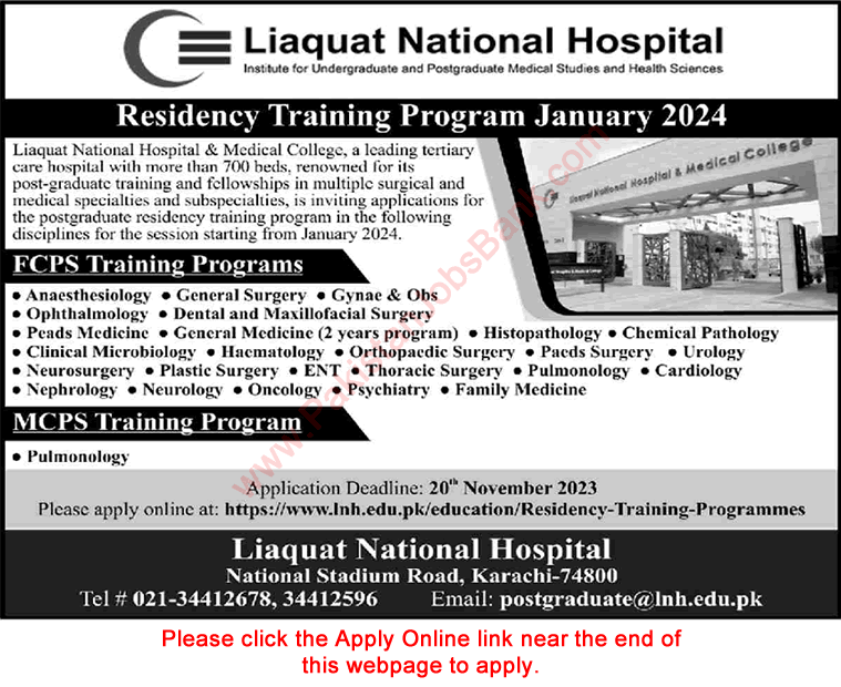Liaquat National Hospital Karachi Residency Training Program November 2023 Apply Online FCPS / MCPS Latest