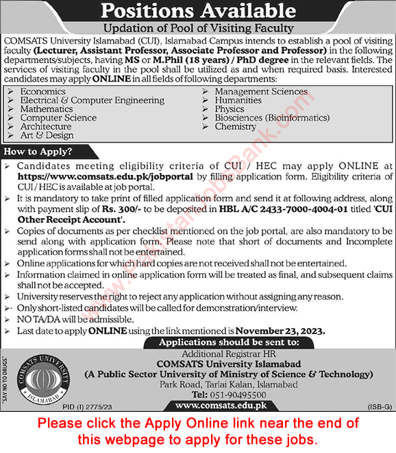 Visiting Faculty Jobs in COMSATS University Islamabad November 2023 CUI Online Apply Latest