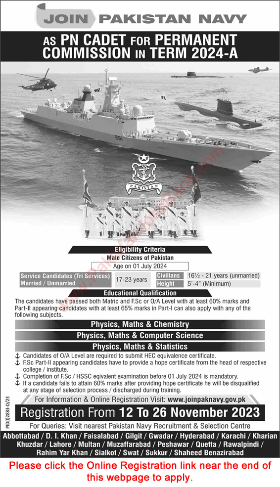 Join Pakistan Navy as PN Cadet November 2023 Online Registration Permission Commission in Term 2024-A Latest