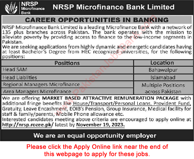 NRSP Microfinance Bank Limited Jobs November 2023 Apply Online Area / Regional Managers & Others Latest