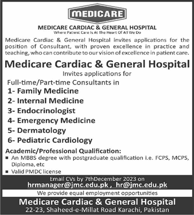 Medicare Cardiac and General Hospital Karachi Jobs 2023 November for Medical Consultants Latest