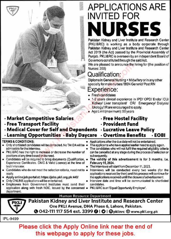 Nurse Jobs in Pakistan Kidney and Liver Institute Lahore 2023 November Apply Online PKLI&RC Latest