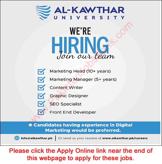 Al Kawthar University Karachi Jobs 2023 November Apply Online Graphic Designer & Others Latest