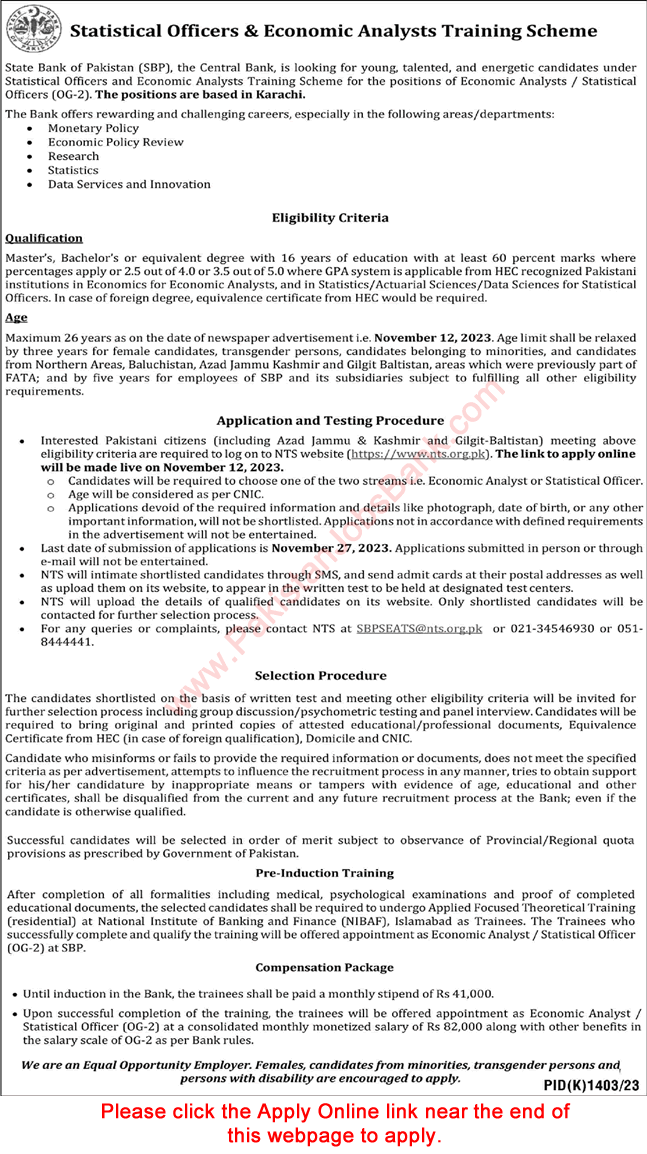 State Bank of Pakistan Jobs November 2023 NTS Apply Online Statistical Officers & Economic Analysts Training Scheme Latest