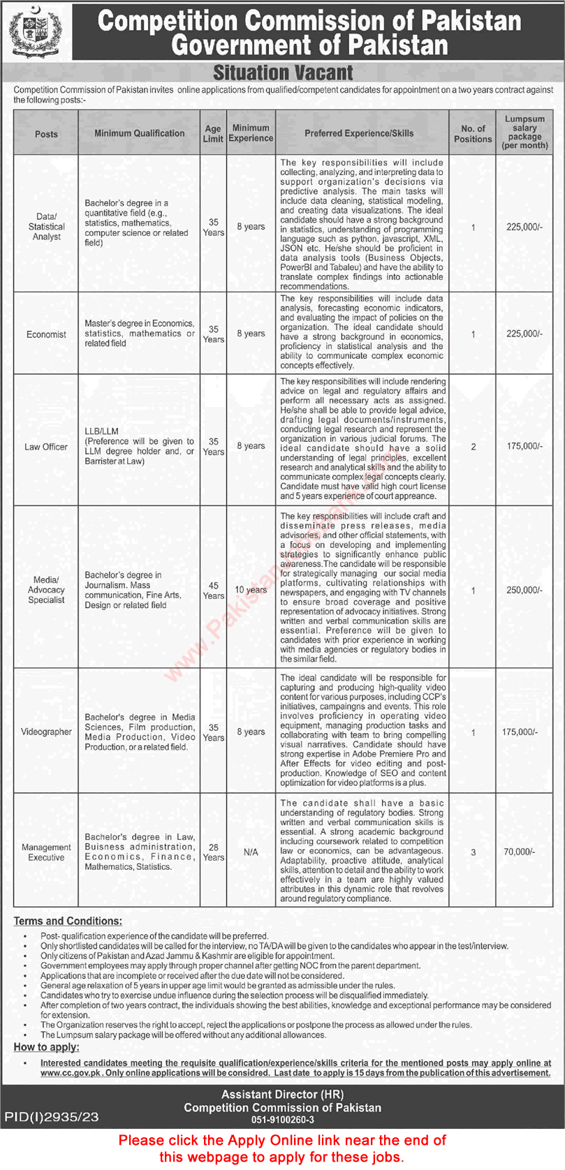 Competition Commission of Pakistan Jobs 2023 November Apply Online Management Executives & Others Latest