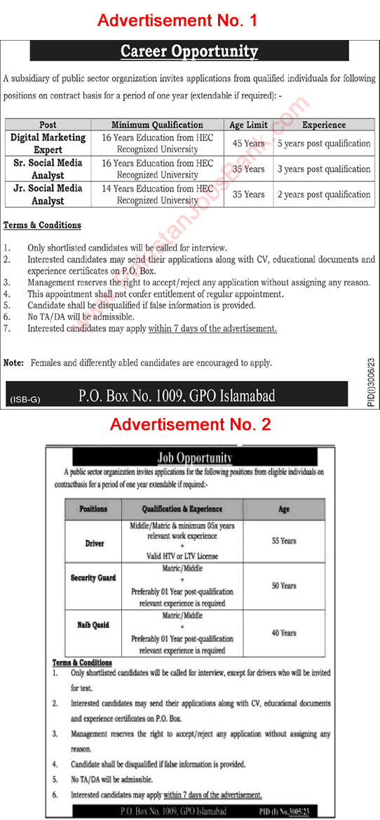PO Box 1009 GPO Islamabad Jobs November 2023 Public Sector Organization Latest