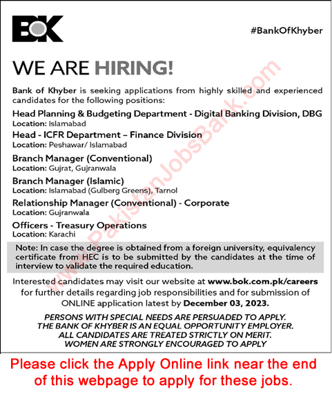 Bank of Khyber Jobs November 2023 Online Apply Branch Managers & Others Latest