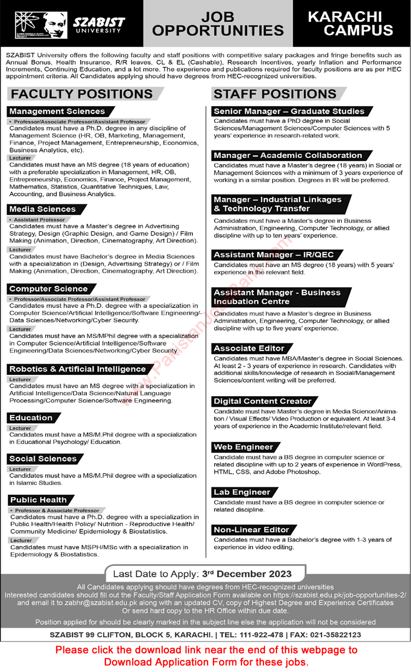 SZABIST University Karachi Jobs November 2023 Application Form Teaching Faculty & Others Latest