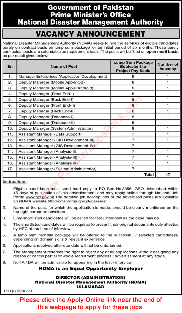 National Disaster Management Authority Islamabad Jobs November 2023 NDMA Online Apply Prime Minister's Office Latest