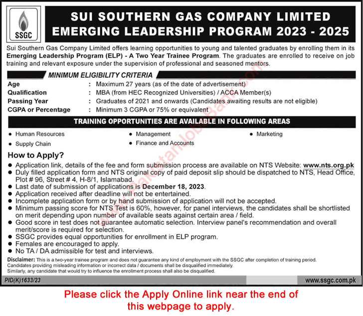 SSGC Emerging Leadership Trainee Program December 2023 NTS Apply Online Sui Southern Gas Company Latest