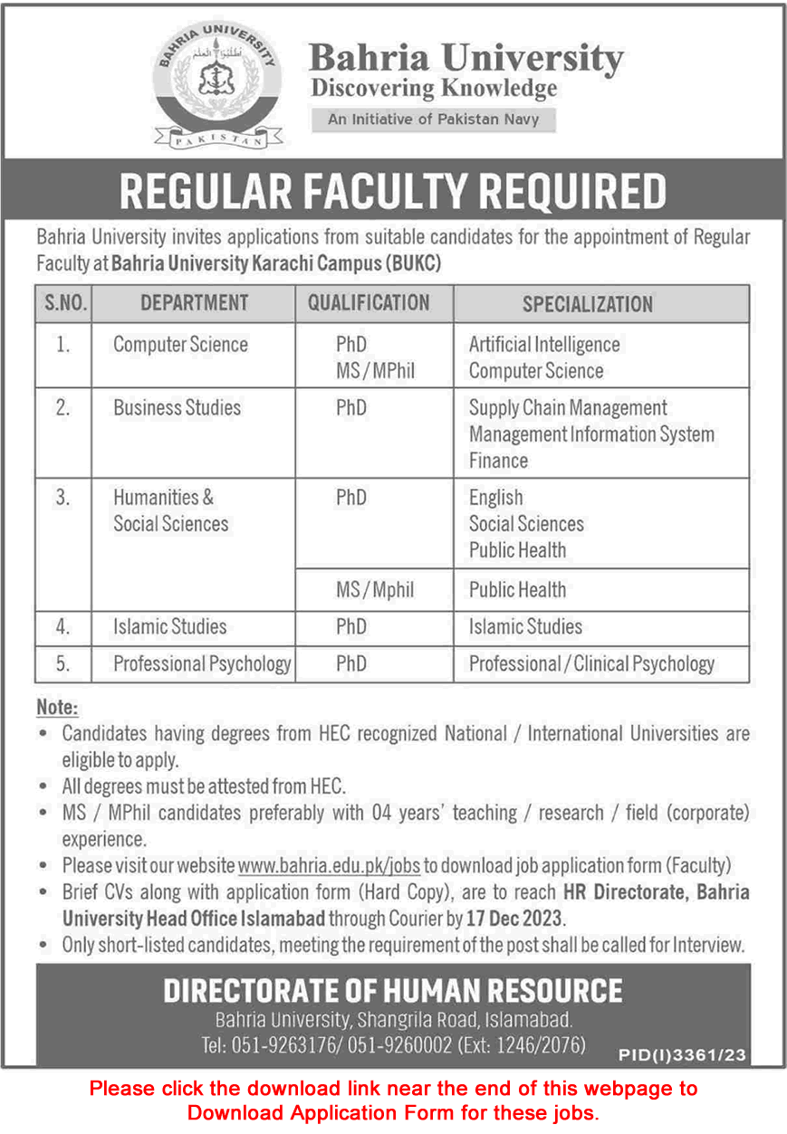 Teaching Faculty Jobs in Bahria University Karachi December 2023 Application Form Latest