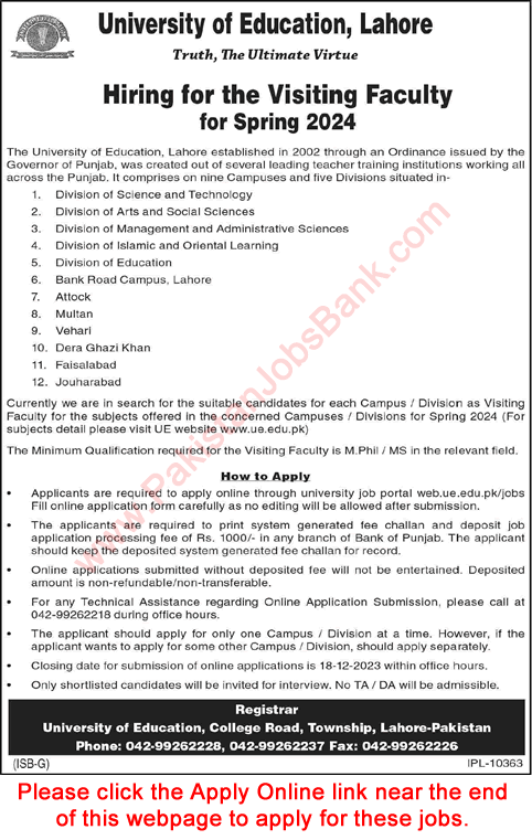 Visiting / Teaching Faculty Jobs in University of Education Lahore December 2023 Apply Online Latest