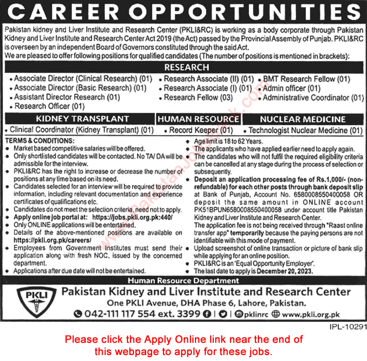 PKLI Lahore Jobs December 2023 Apply Online Pakistan Kidney and Liver Institute and Research Center Latest