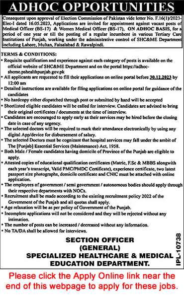 Medical Officer Jobs in Specialized Healthcare and Medical Education Department Punjab December 2023 Online Apply Latest