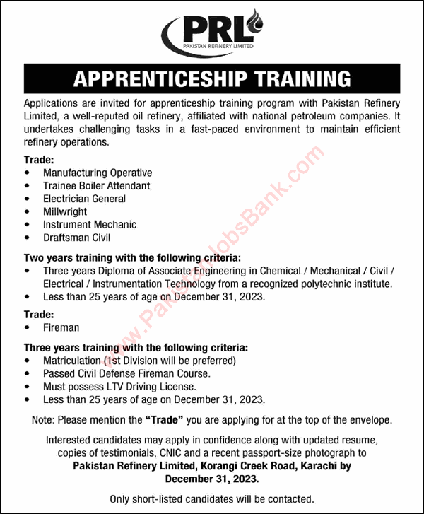 PRL Apprenticeship 2023 / 2024 Pakistan Refinery Limited Karachi DAE Training Latest