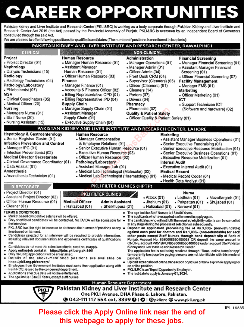 PKLI Jobs December 2023 Rawalpindi / Lahore Online Apply Portal PKLI&RC Hospital Latest