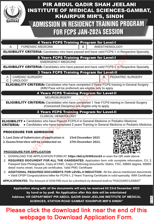 Pir Abdul Qadir Shah Jeelani Institute of Medical Sciences Gambat FCPS Postgraduate Training December 2023 2024 Application Form Latest