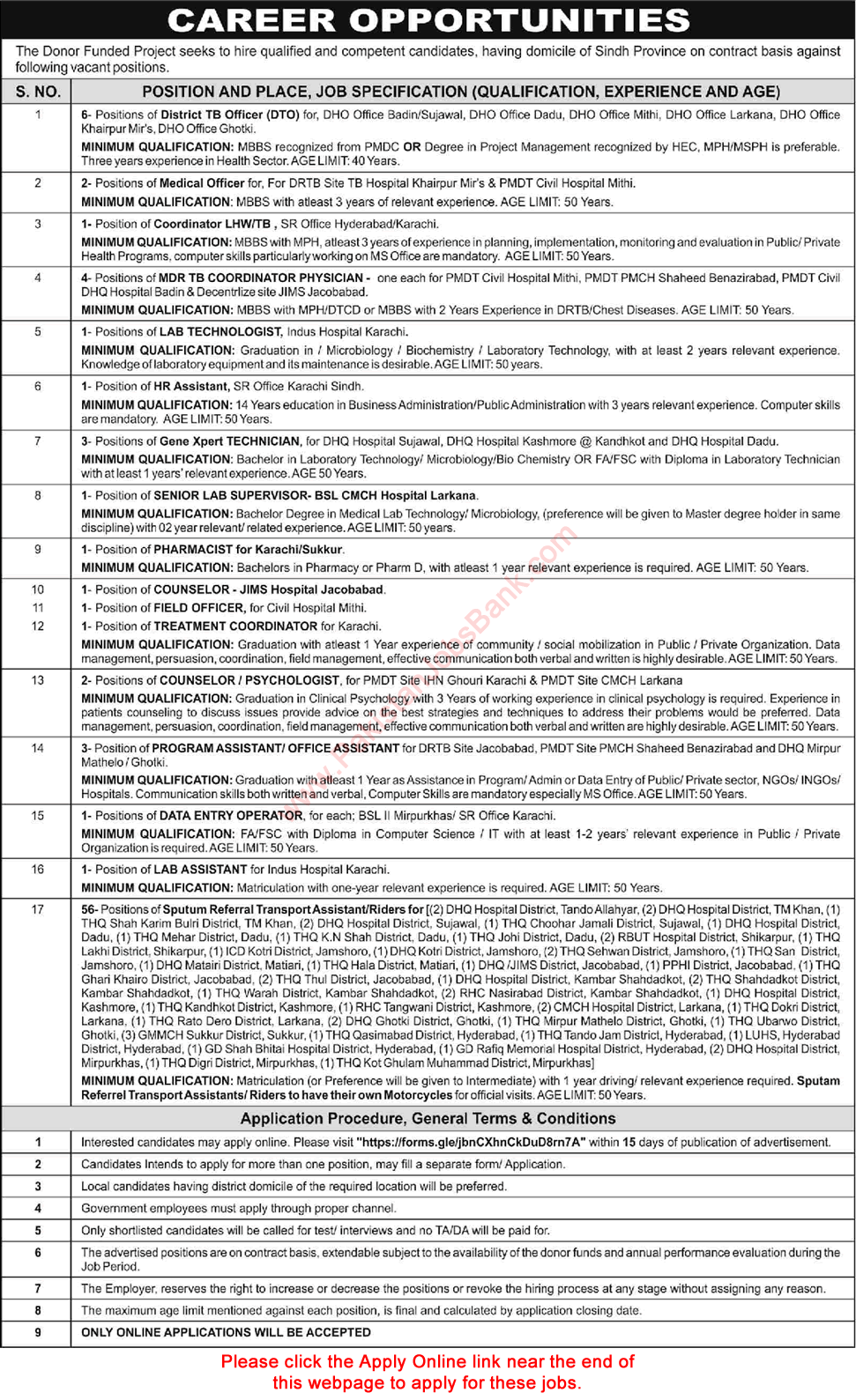 National TB Control Program Sindh Jobs December 2023 Online Apply Donor Funded Project Latest