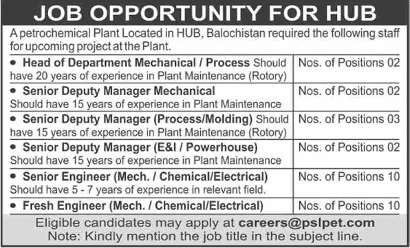 Pakistan Synthetics Limited Jobs 2023 / 2024 PSL Mechanical / Chemical / Electrical Engineers Latest
