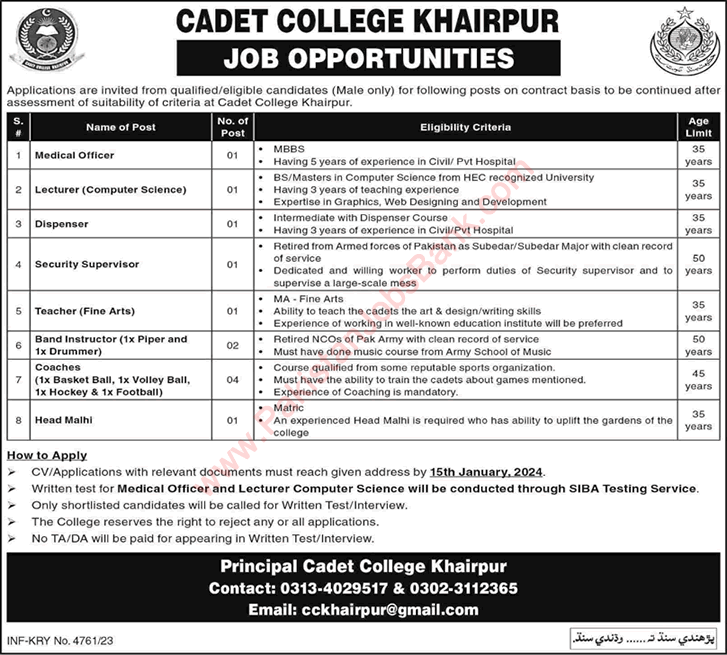 Cadet College Khairpur Jobs December 2023 / 2024  Coaches & Others Latest