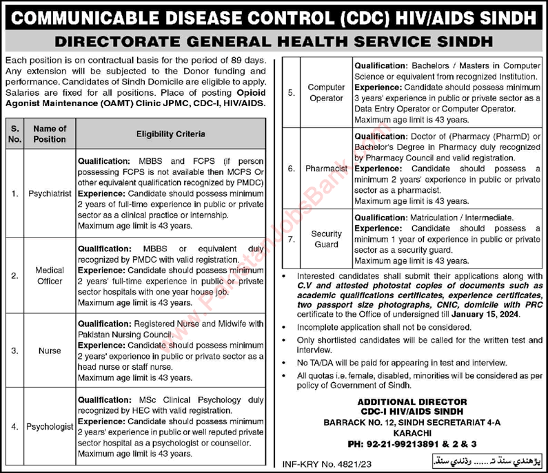 Directorate General Health Services Sindh Jobs December 2023 / 2024 Communicable Disease Control CDC / HIV / AIDS Latest