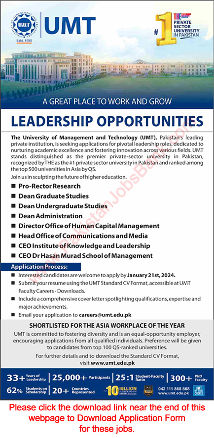 UMT Jobs 2024 Application Form University of Management and Technology Latest