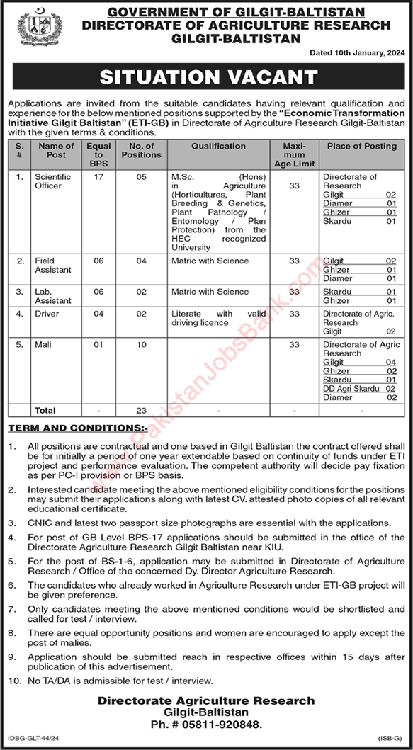 Directorate of Agriculture Research Gilgit Baltistan Jobs 2024 Mali, Scientific Officers & Others Latest