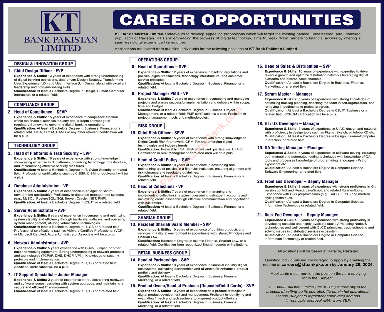 KT Bank Pakistan Jobs 2024 Managers, Developers & Others KTBL Latest