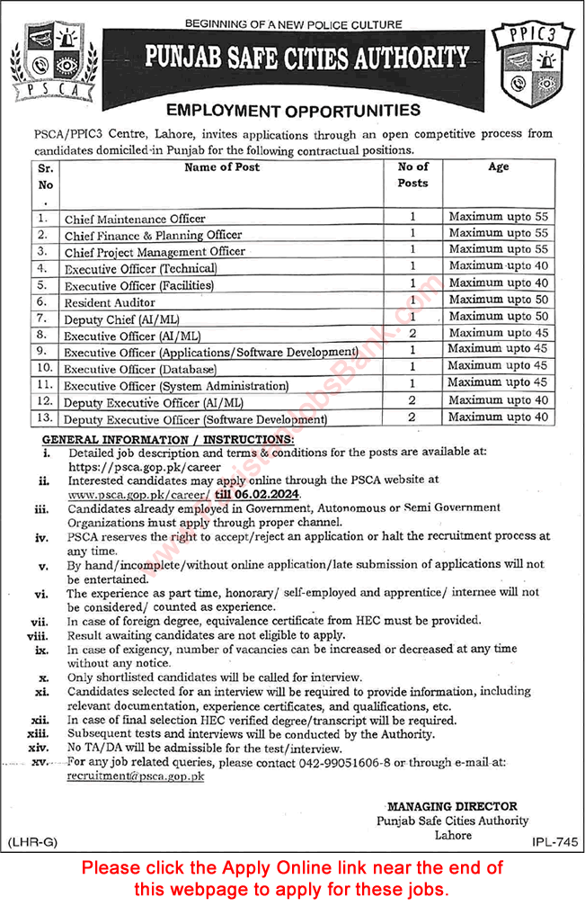 Punjab Safe City Authority Jobs 2024 PSCA PPIC3 Apply Online Executive Officers & Others Latest