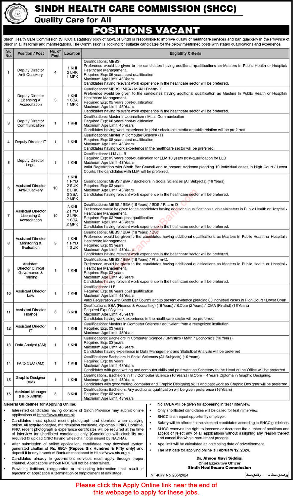 Sindh Health Care Commission Jobs 2024 SHCC NTS Apply Online Deputy / Assistant Directors & Others Latest