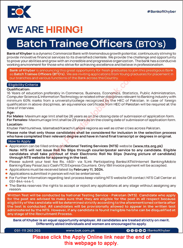 Batch Trainee Officer Jobs in Bank of Khyber 2024 BTO NTS Online Apply BOK Latest