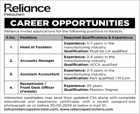 Reliance Petrochem Industries (Pvt) Limited Karachi Jobs 2024 Accountants & Receptionist Latest