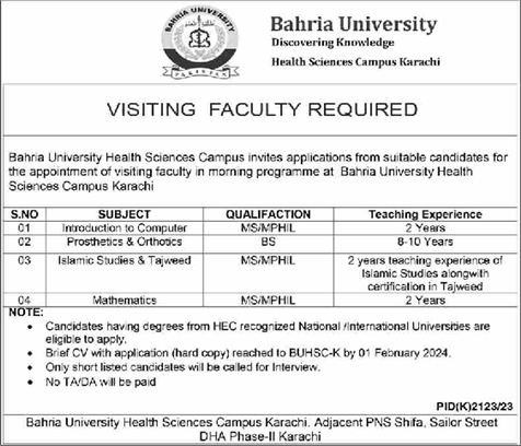 Teaching Faculty Jobs in Bahria University Karachi 2024 Latest
