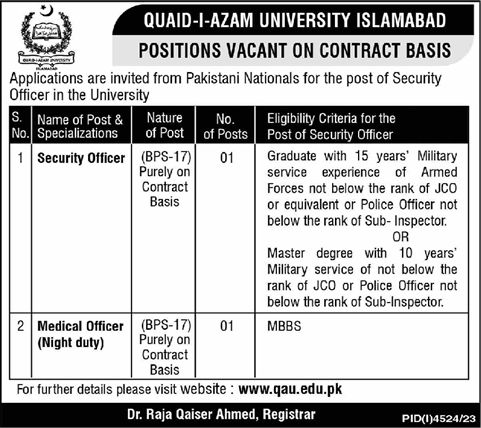 Quaid e Azam University Islamabad Jobs 2024 January / February Security Officer & Medical Officer Latest