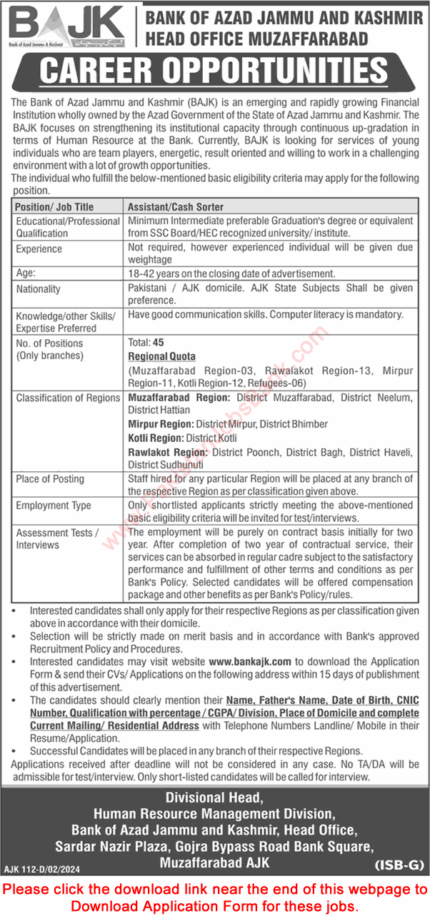 AJK Bank Jobs 2024 Assistant / Cash Sorter in Bank of Azad Jammu & Kashmir (BAJK) Application Form Latest