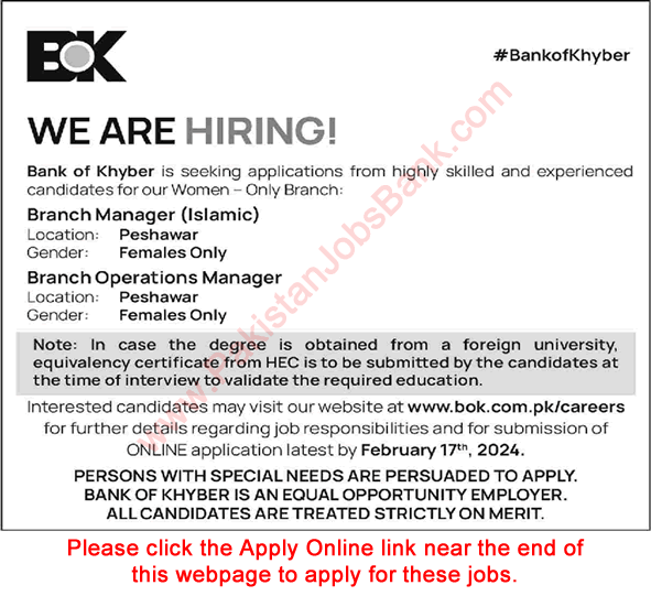 Bank of Khyber Peshawar Jobs February 2024 Apply Online Female Branch / Operations Managers Latest