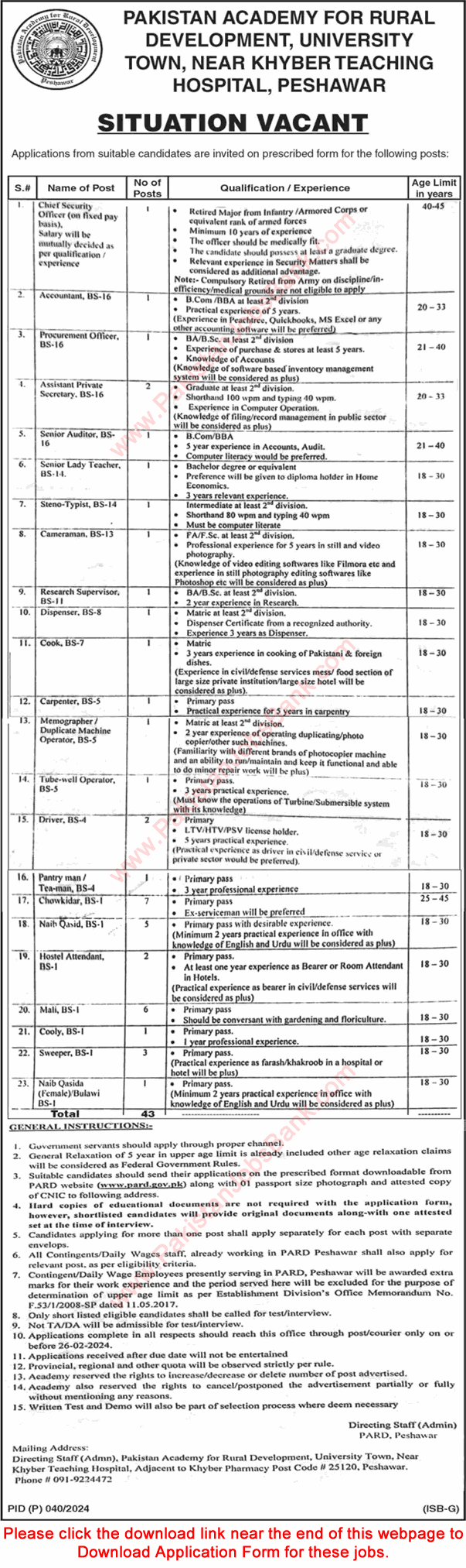 Pakistan Academy for Rural Development Jobs 2024 PARD Peshawar KPK Application Form Latest