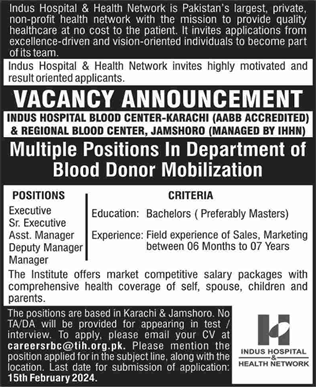 Indus Hospital Blood Center Karachi / Jamshoro Jobs February 2024 Managers & Executives Latest