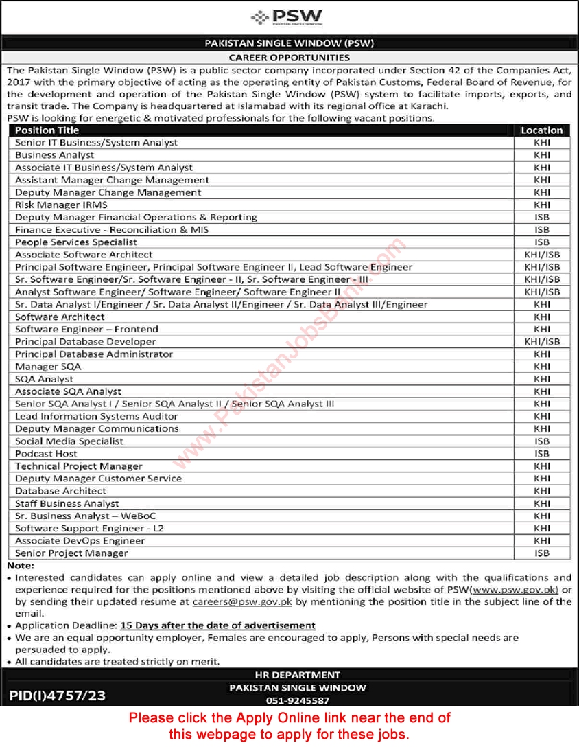 Pakistan Single Window Jobs February 2024 PSW Apply Online Karachi / Islamabad Latest