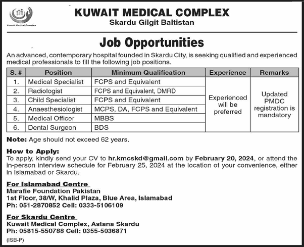 Kuwait Medical Complex Skardu Jobs 2024 February Medical Officers & Others Latest